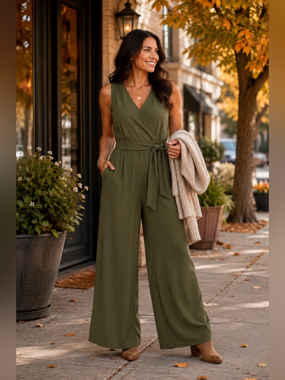 The Drop Olive Wrap Wide Leg Jumpsuit Belted L New With Tags